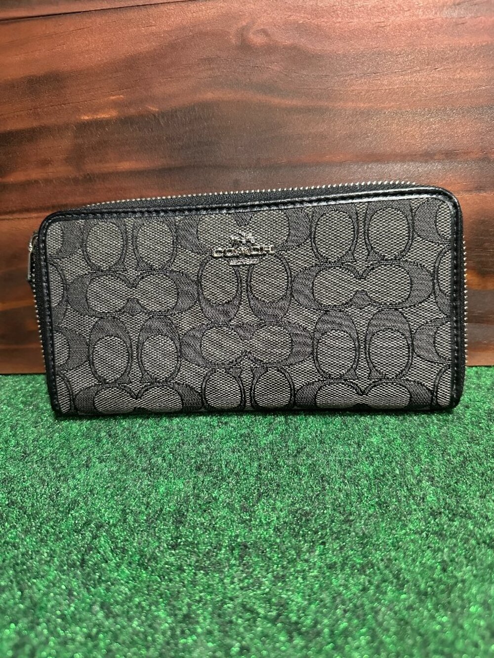 COACH Long Zip-Around Wallet Signature Canvas Graphite w Silver Hardware AUTHNTC